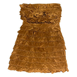 HUNTER DIXON Caramel Brown Silk Tiered Ruffle Strapless Dress Sz 4 Womens